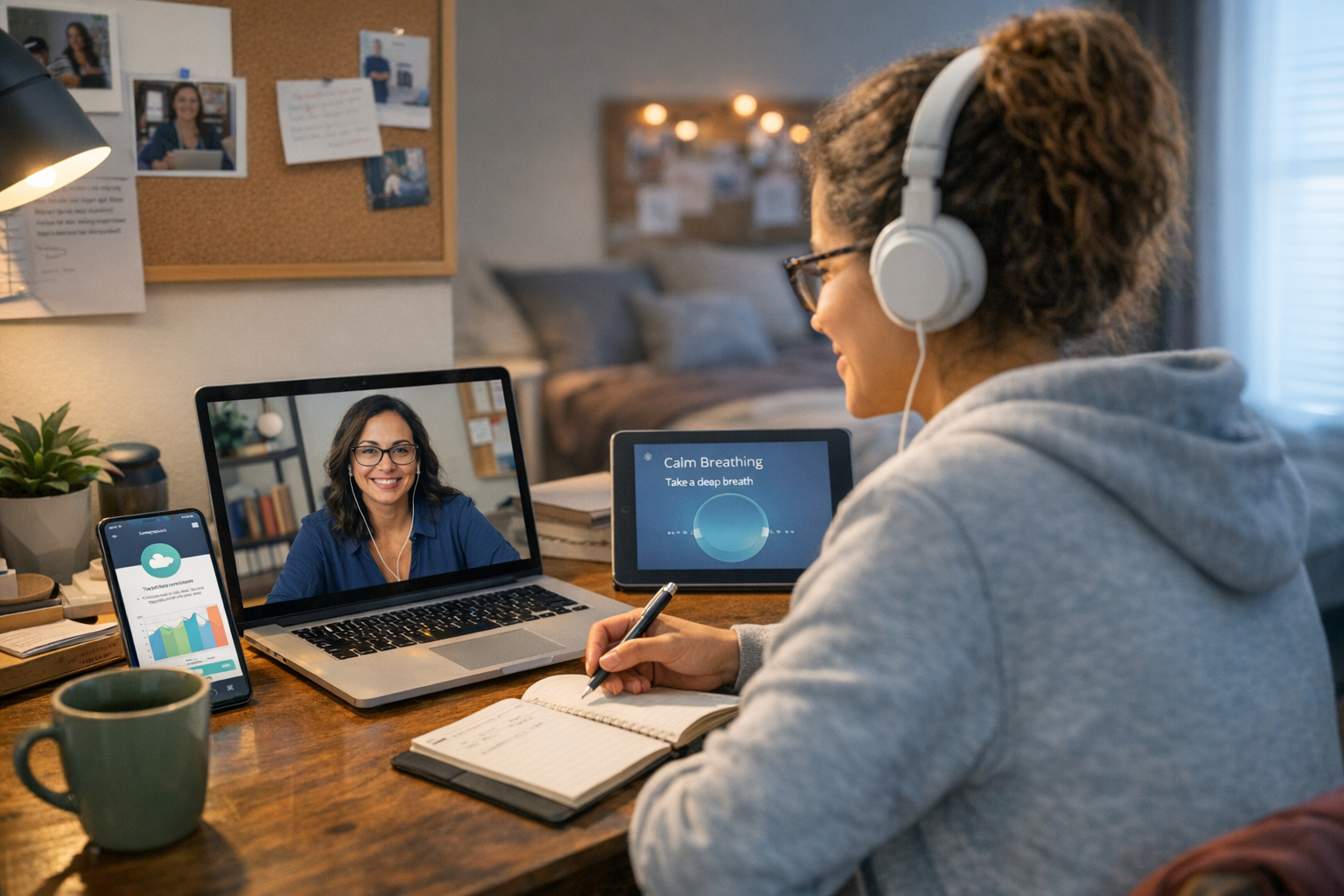 Student engaging with licensed therapist through digital mental health tools teletherapy platform