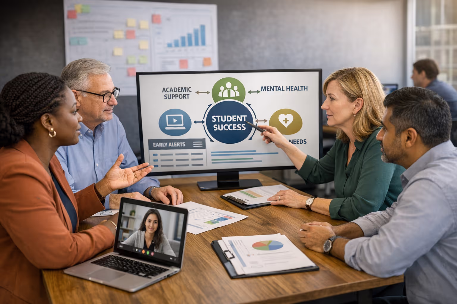 Cross-Departmental Student Services Coordination Meeting Campus administrators coordinating integrated student support strategies post-pandemic