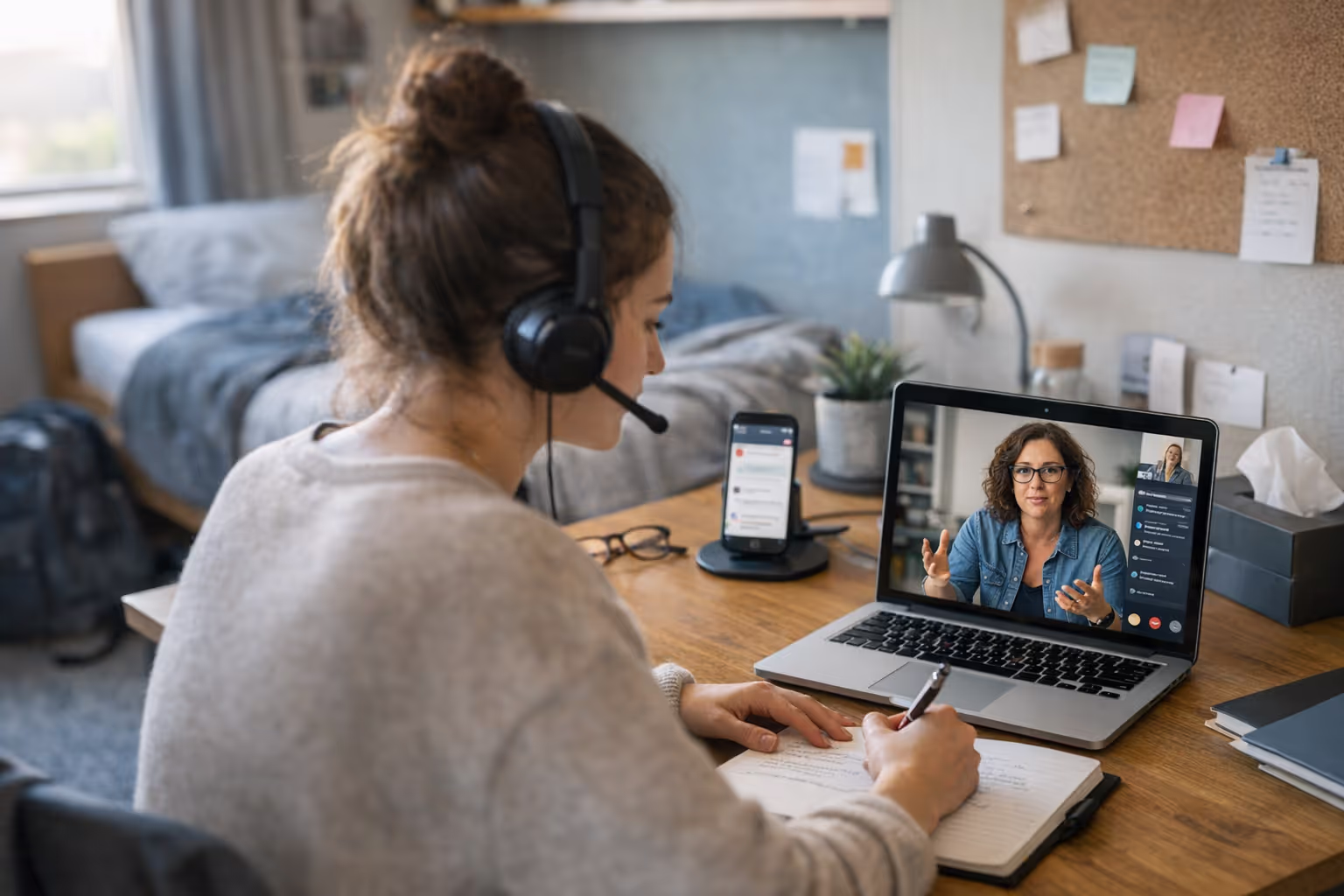 Student Participating in Telehealth Counseling Session College student engaging in virtual telehealth counseling for post-pandemic student support