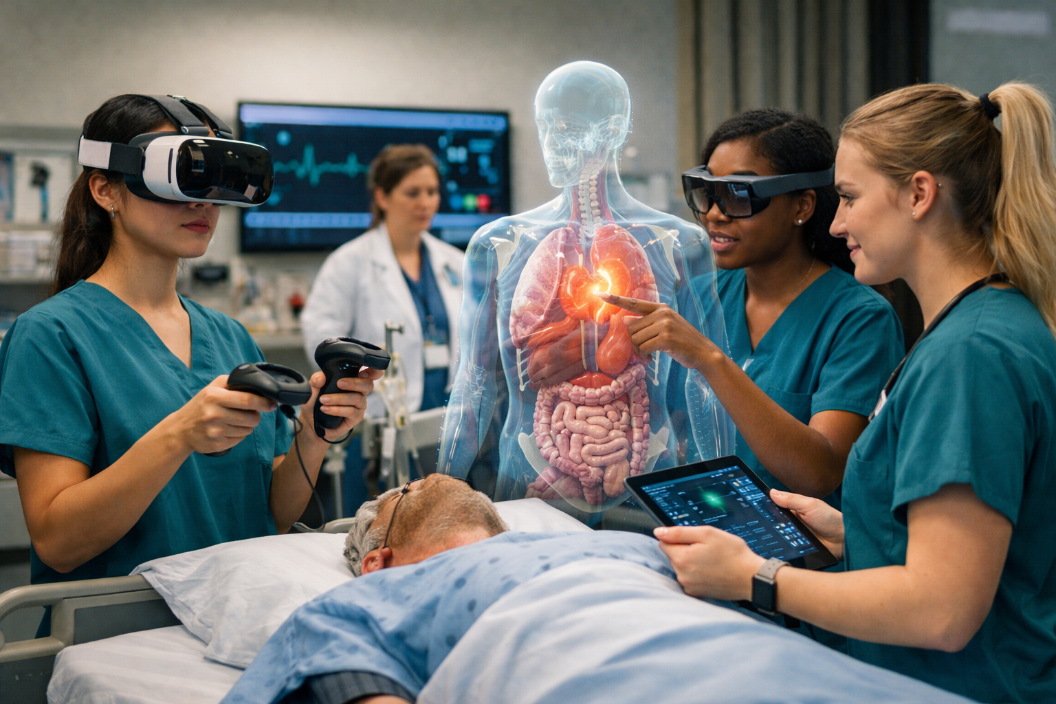 Nursing students practicing clinical skills through VR AR student engagement simulation