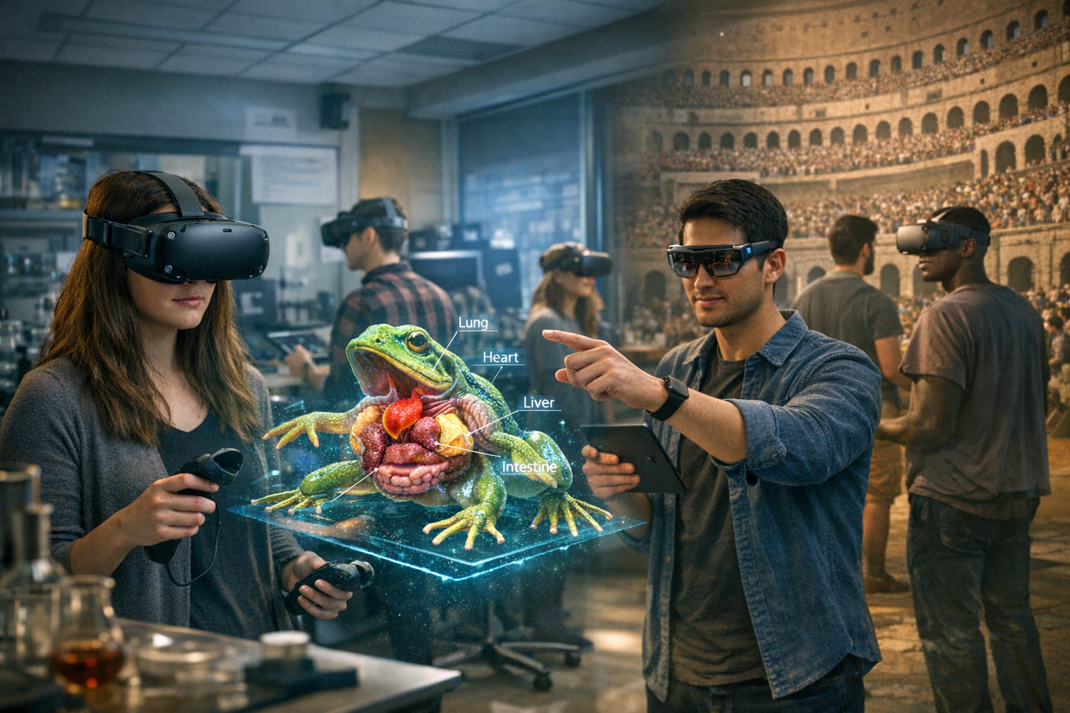 College student wearing VR AR student engagement headset during immersive learning lab