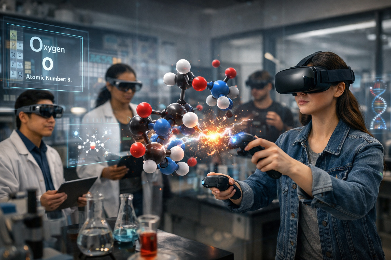 VR AR student engagement virtual chemistry lab showing molecule interaction simulation