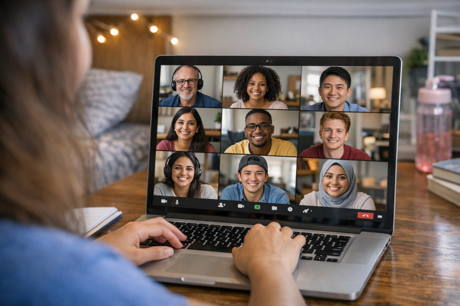 Students participating in virtual orientation session on laptop showing diverse faces in video conference grid