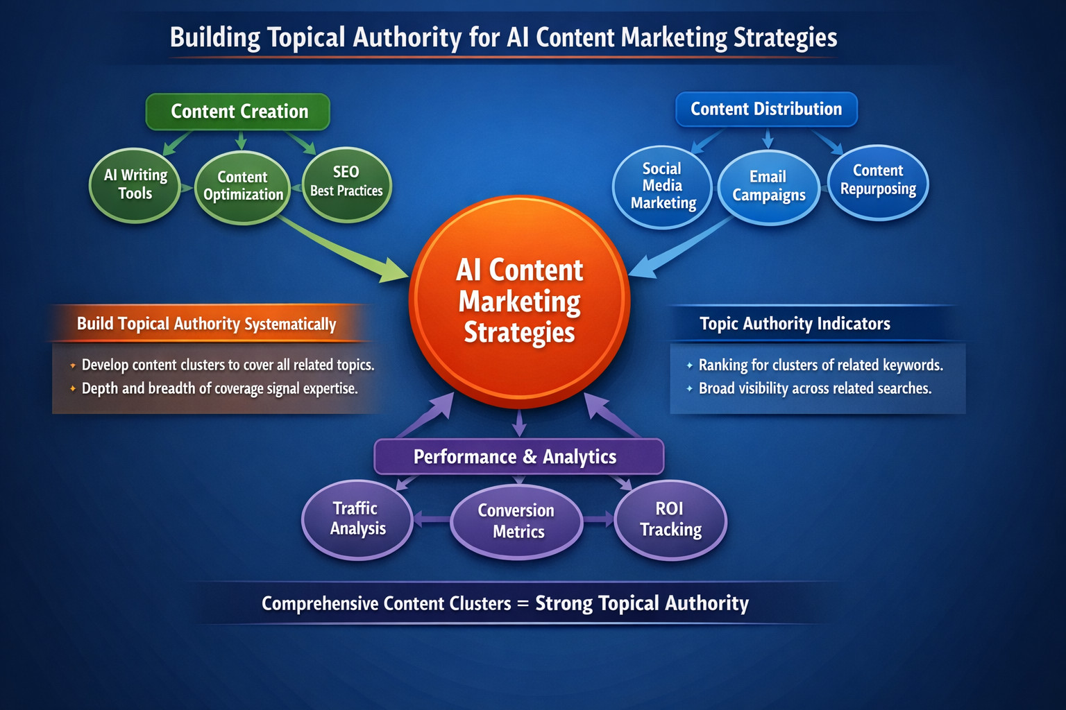 Content cluster diagram showing topical authority building for ai content marketing strategies