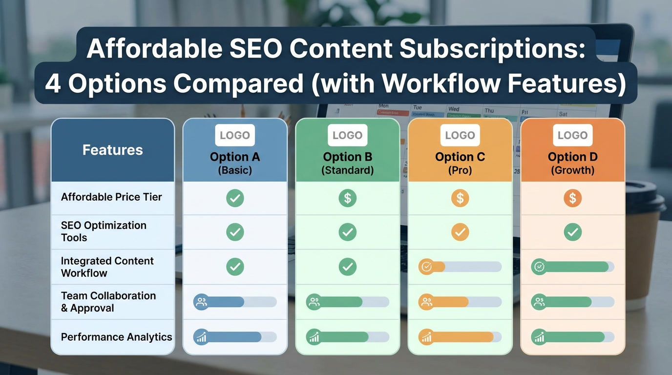 Comparison chart showing affordable SEO content subscriptions with workflow features and pricing