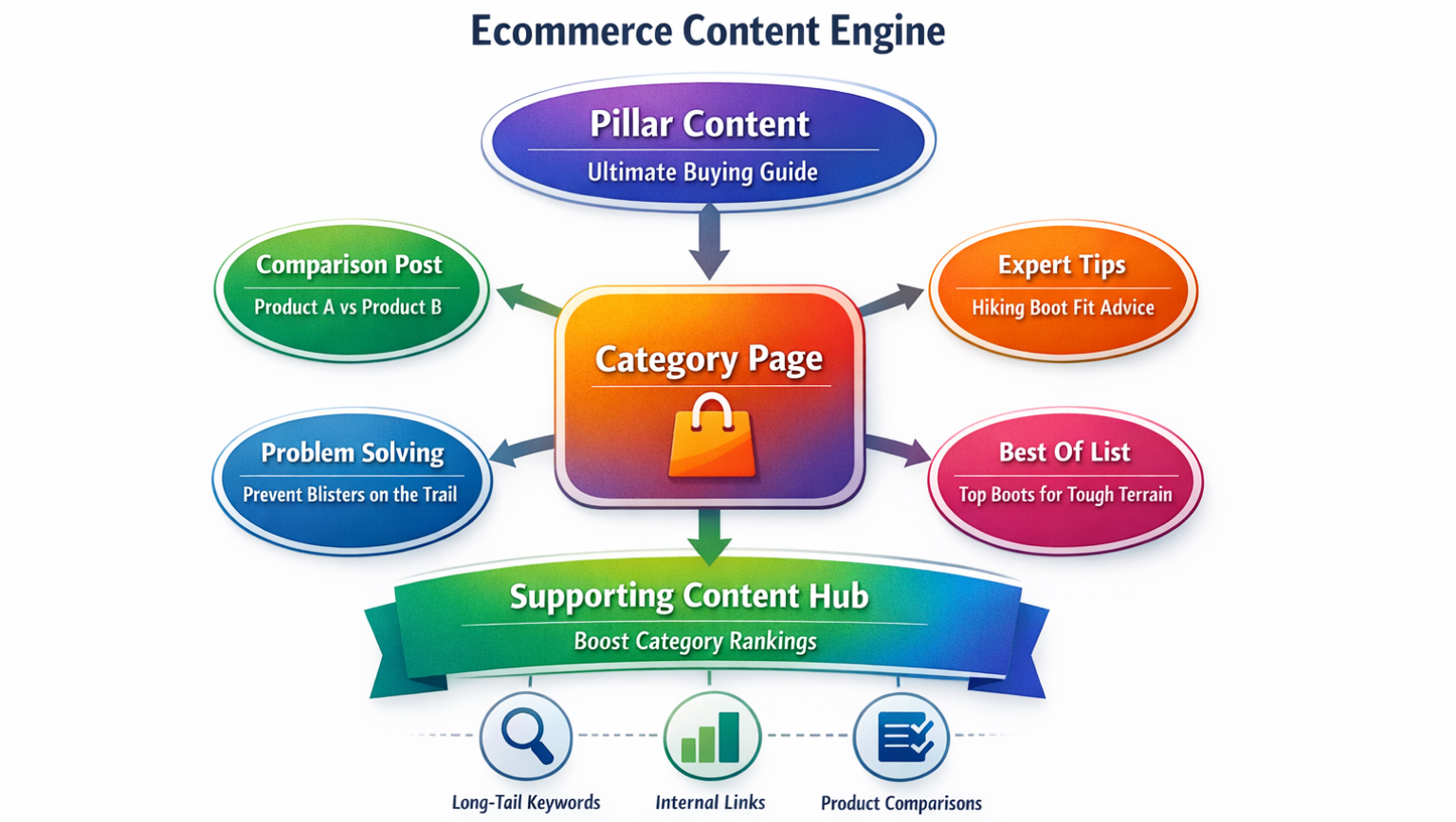 Ecommerce Content Cluster Supporting Category Pages Ecommerce content engine cluster showing pillar content and supporting posts linked to category
