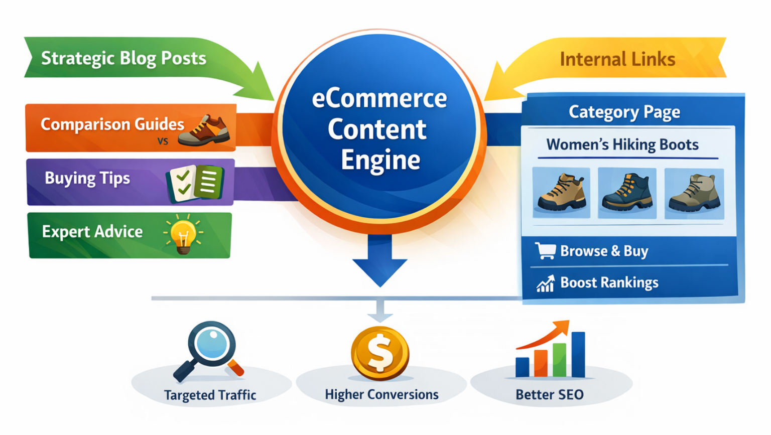 Ecommerce Content Engine Category Mapping Strategy Visual diagram showing how ecommerce content engine blog posts map to category pages