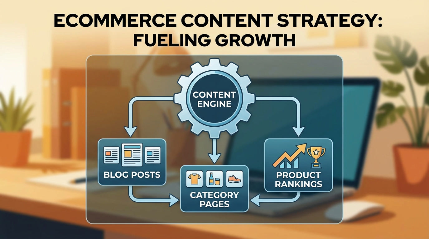 Ecommerce content engine strategy showing blog posts supporting category pages and product rankings