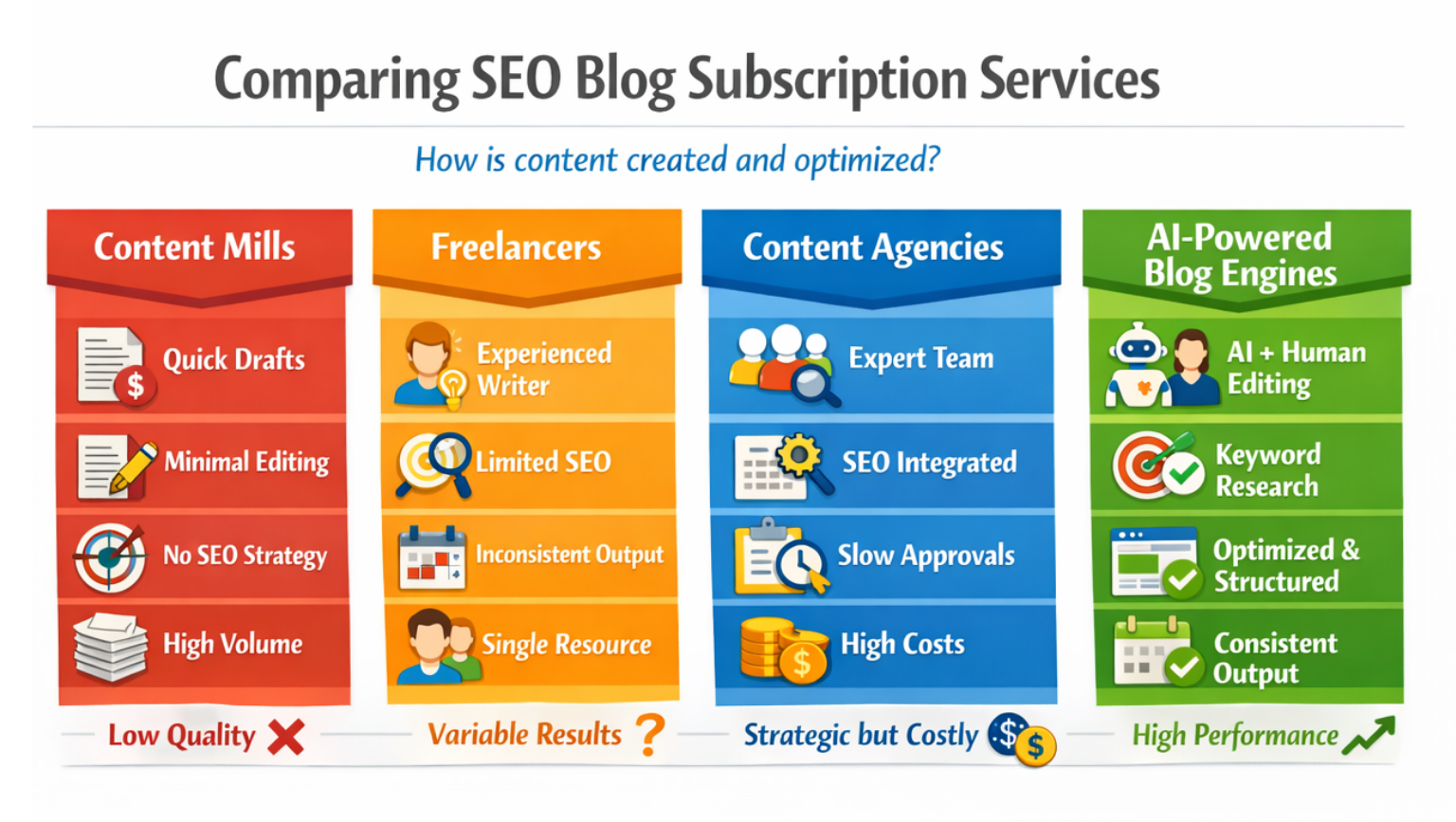 SEO Blog Subscription Services 10-Point Evaluation Matrix Visual framework showing 10-point evaluation matrix for comparing SEO blog subscription services