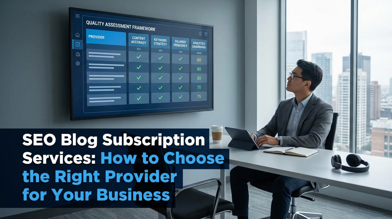 Business professional evaluating SEO blog subscription services using quality assessment framework on laptop