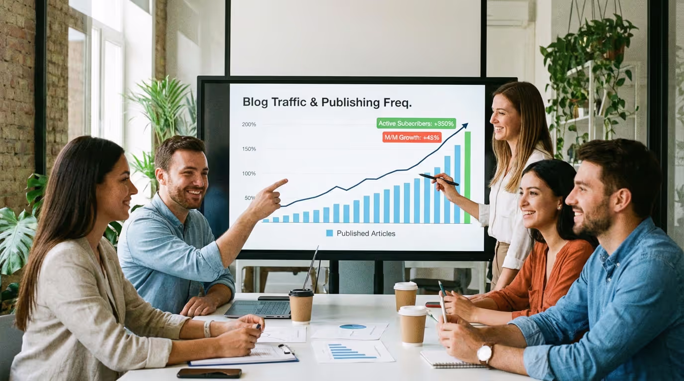 Marketing team reviewing blog content subscription analytics showing consistent publishing schedule and traffic growth