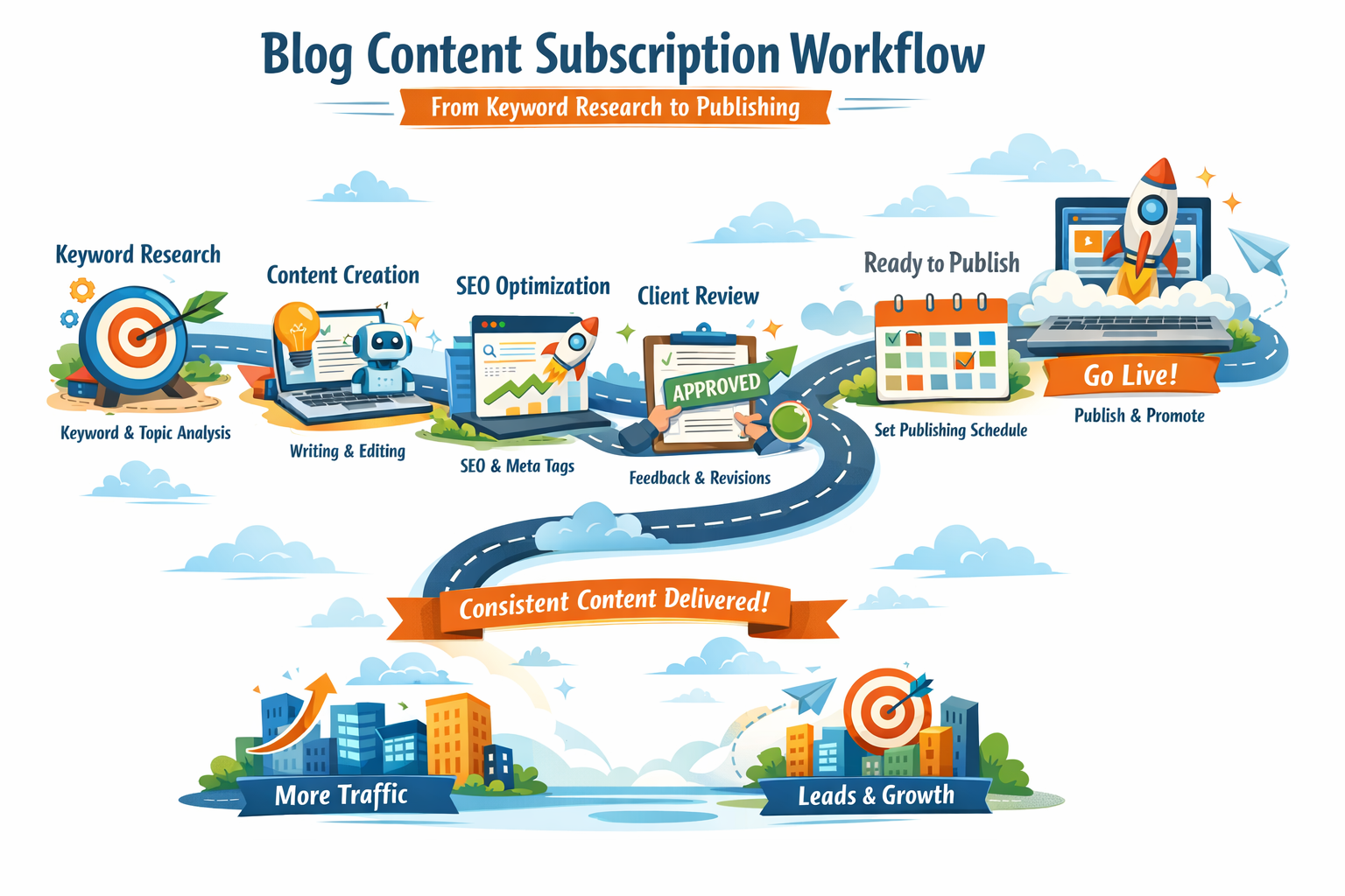 Workflow diagram showing blog content subscription process from keyword research to publishing
