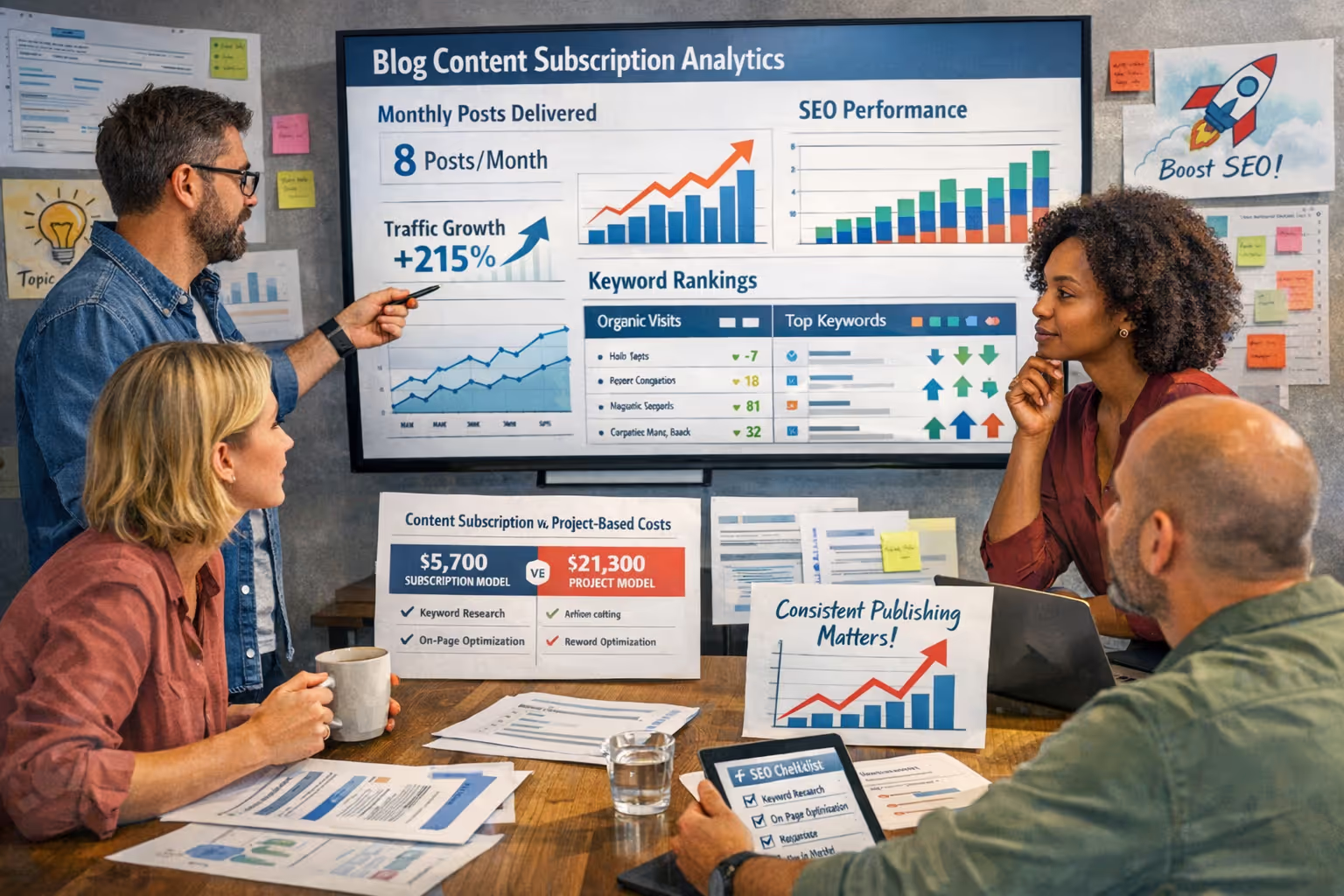 B2B marketing team reviewing blog content subscription analytics and SEO performance metrics