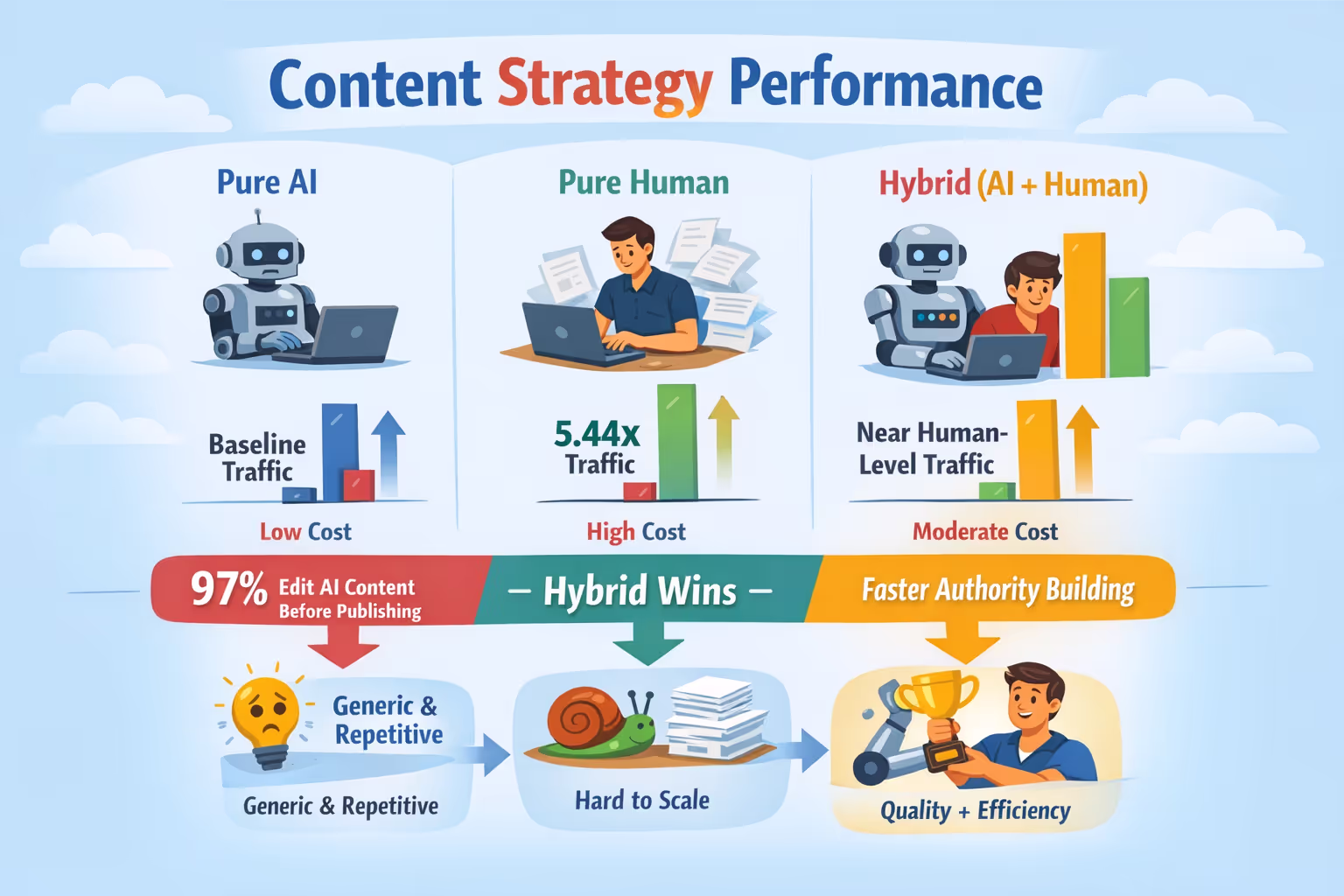 Performance Comparison Chart for AI, Human, and Hybrid Content Strategy Performance data comparing pure AI content, pure human content, and hybrid content strategy approaches