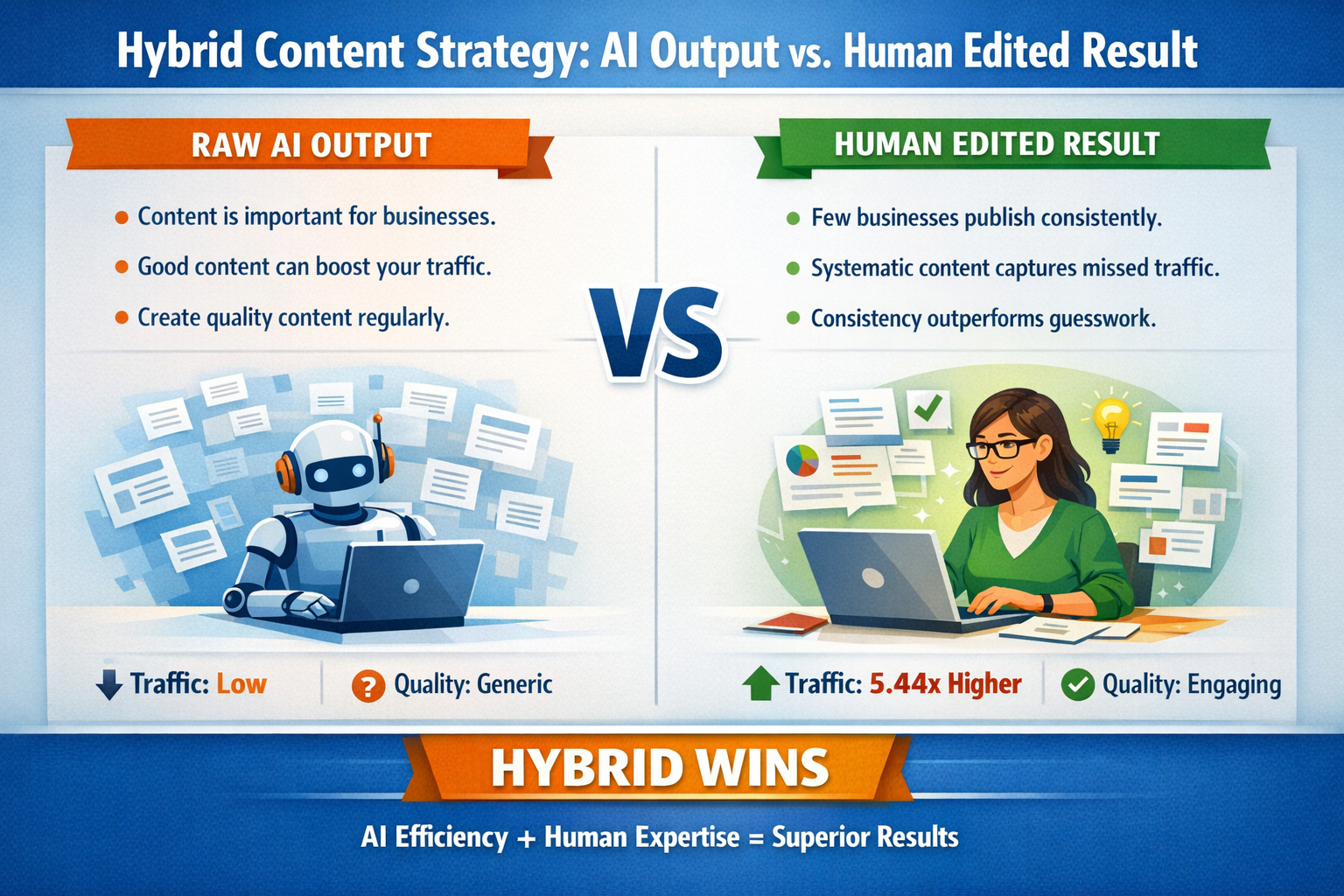 Before and After Example of Hybrid Content Strategy Editing Process Side-by-side comparison showing raw AI output and human-edited hybrid content strategy result