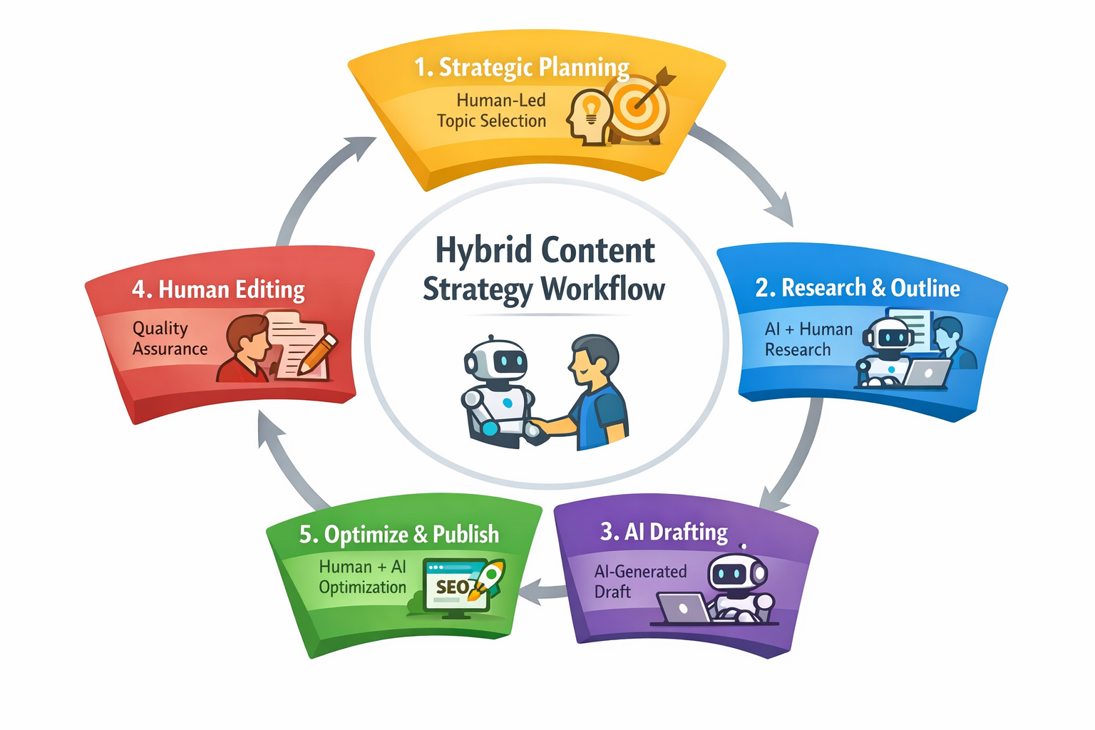 Hybrid Content Strategy Workflow Showing AI and Human Collaboration Hybrid content strategy workflow diagram illustrating five stages from strategic planning to publishing