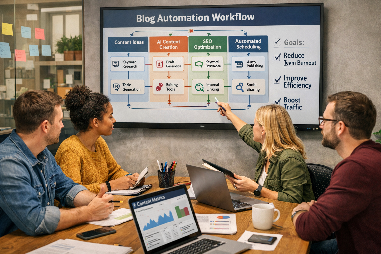 Marketing Team Managing Content Production and Burnout Prevention Marketing professionals reviewing blog automation workflows to reduce team burnout and improve efficiency