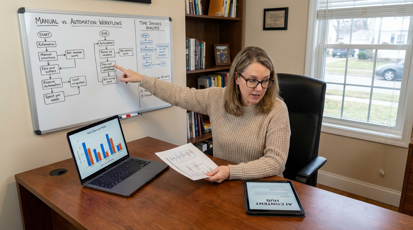 Marketing team comparing blog automation approaches with time-saving charts and workflow diagrams