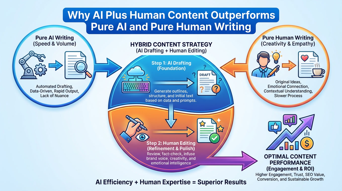 Hybrid content strategy diagram showing AI drafting combined with human editing workflow for optimal content performance
