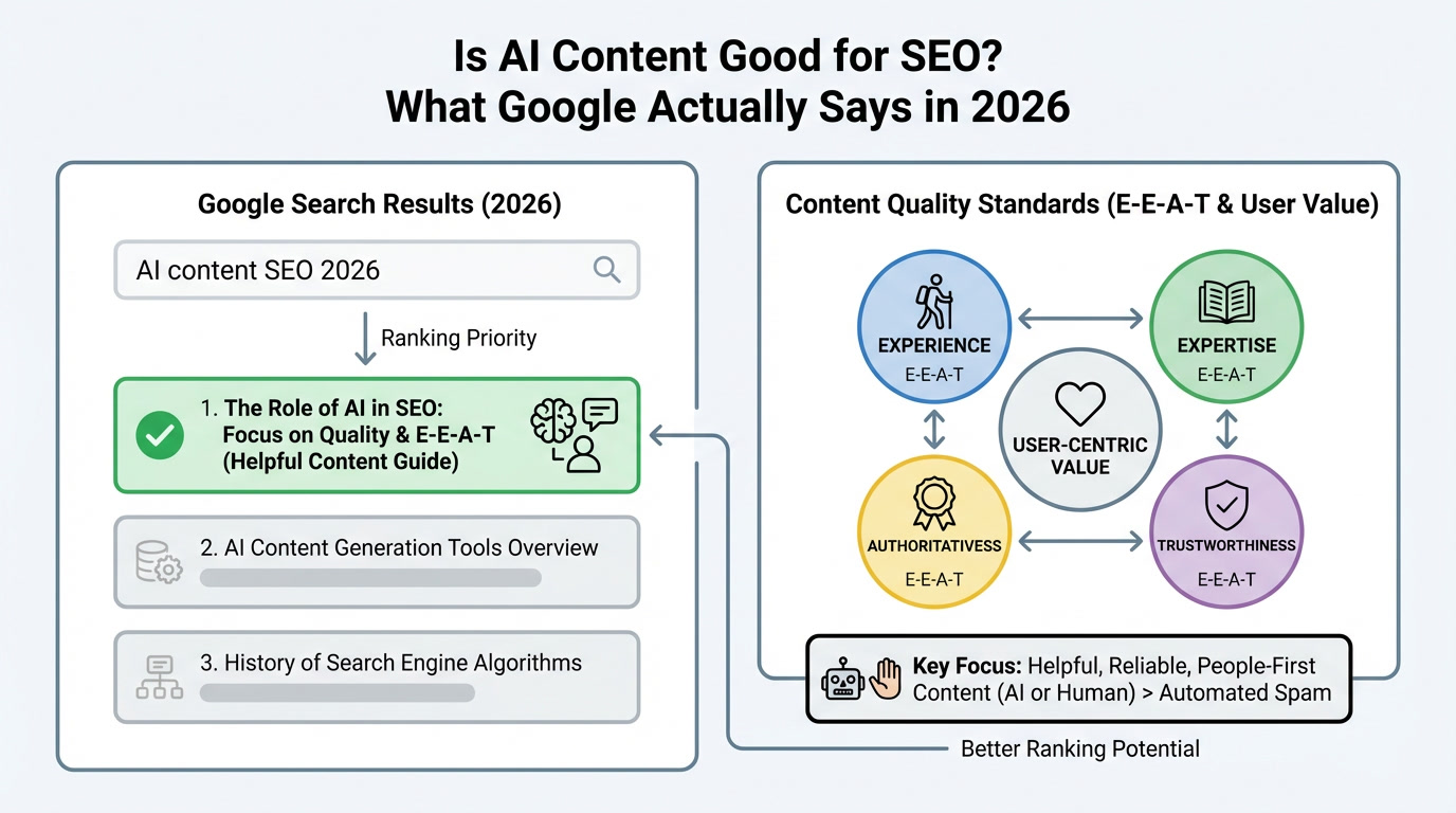 AI content for SEO concept showing Google search results and content quality standards for ranking