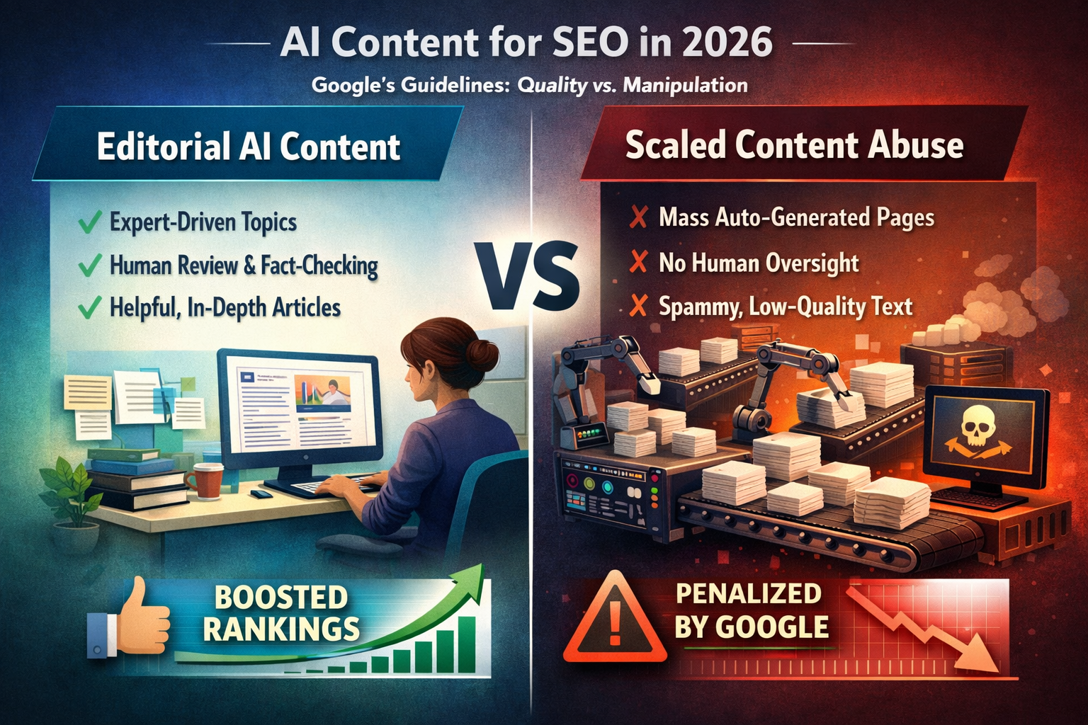 Visual comparison showing editorial AI content usage versus scaled content abuse for SEO rankings