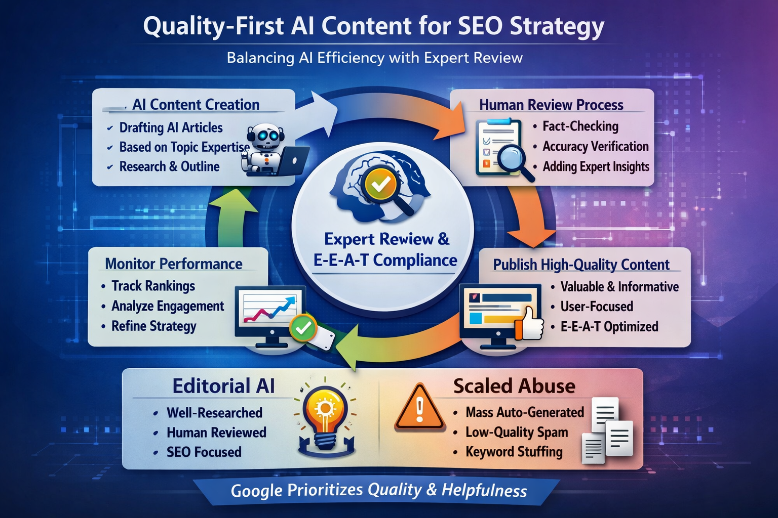 Workflow diagram showing quality-first AI content for SEO strategy with expert review processes
