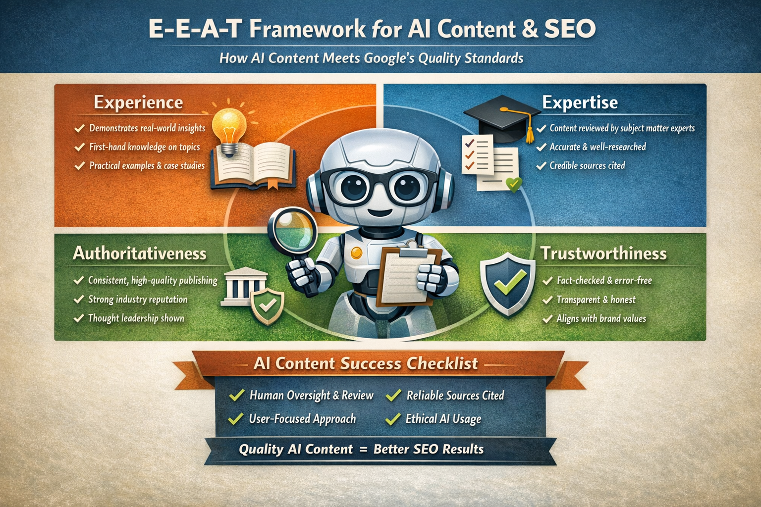 E-E-A-T framework checklist showing how AI content for SEO satisfies expertise and trust requirements