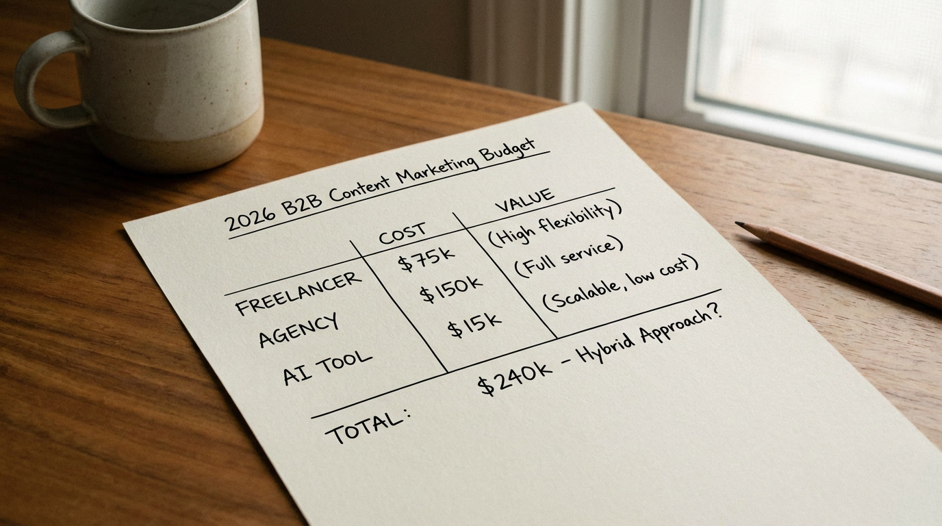 b2b blog content cost - budget planning showing comparison of freelancer, agency, and AI tool costs for 2026