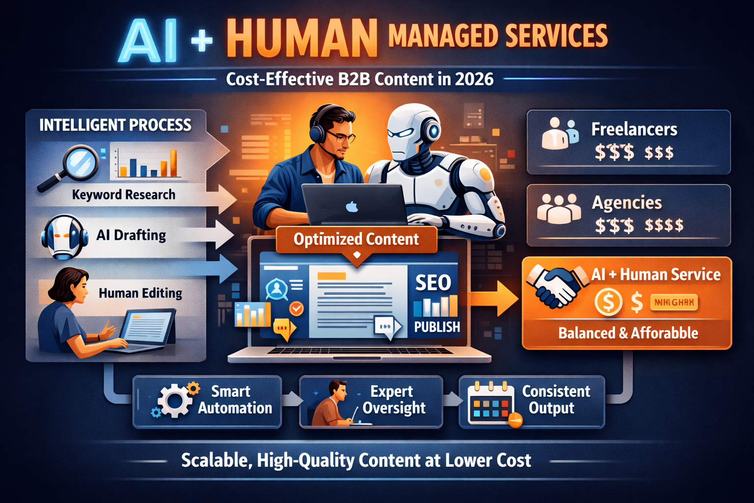 AI Plus Human Managed Content Service Pricing Model Explained Visual explanation of how AI+human managed services deliver quality B2B content cost-effectively in 2026