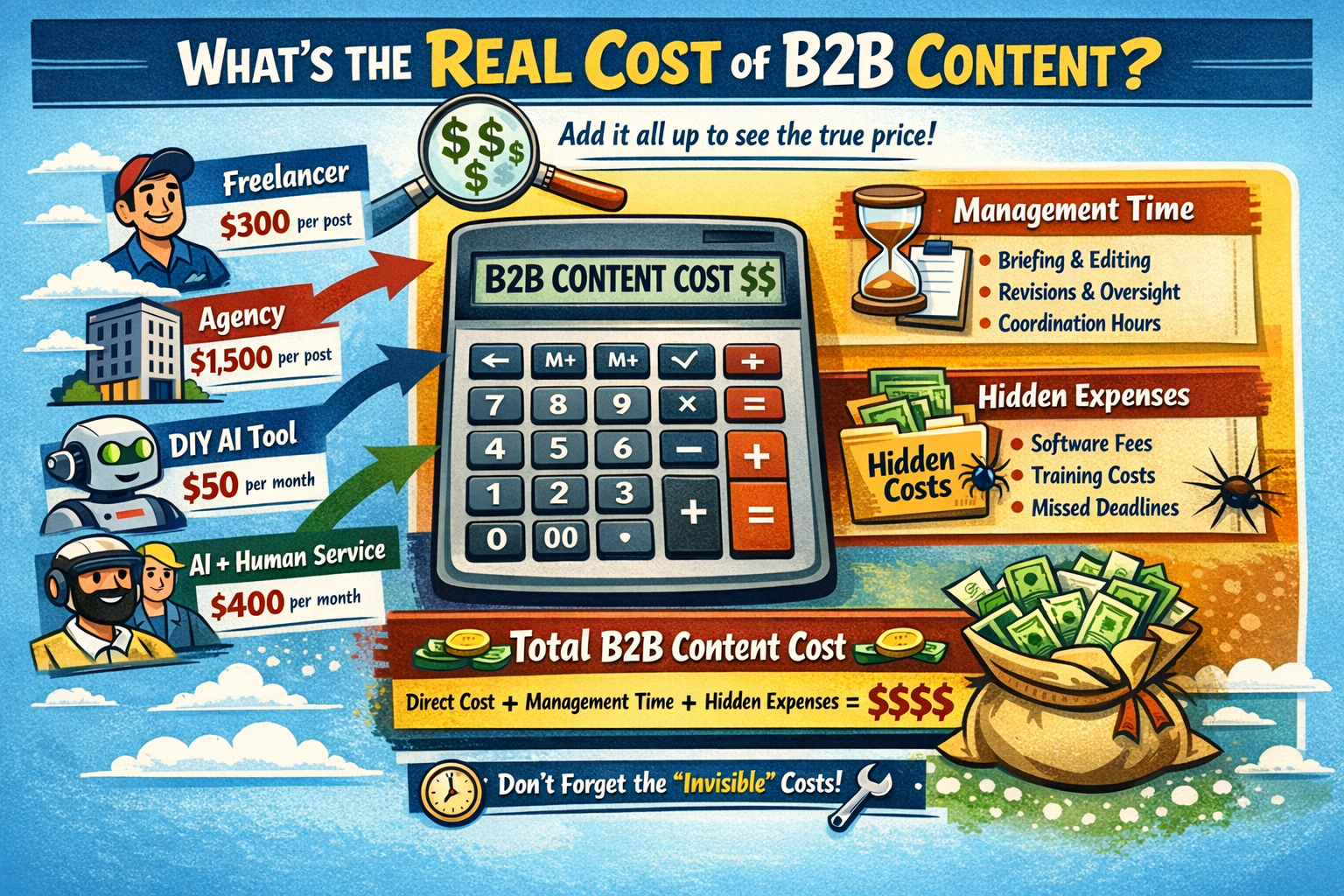 Content Marketing Budget Calculation Framework for B2B Companies Budget worksheet showing how to calculate total B2B content cost including management time and hidden expenses