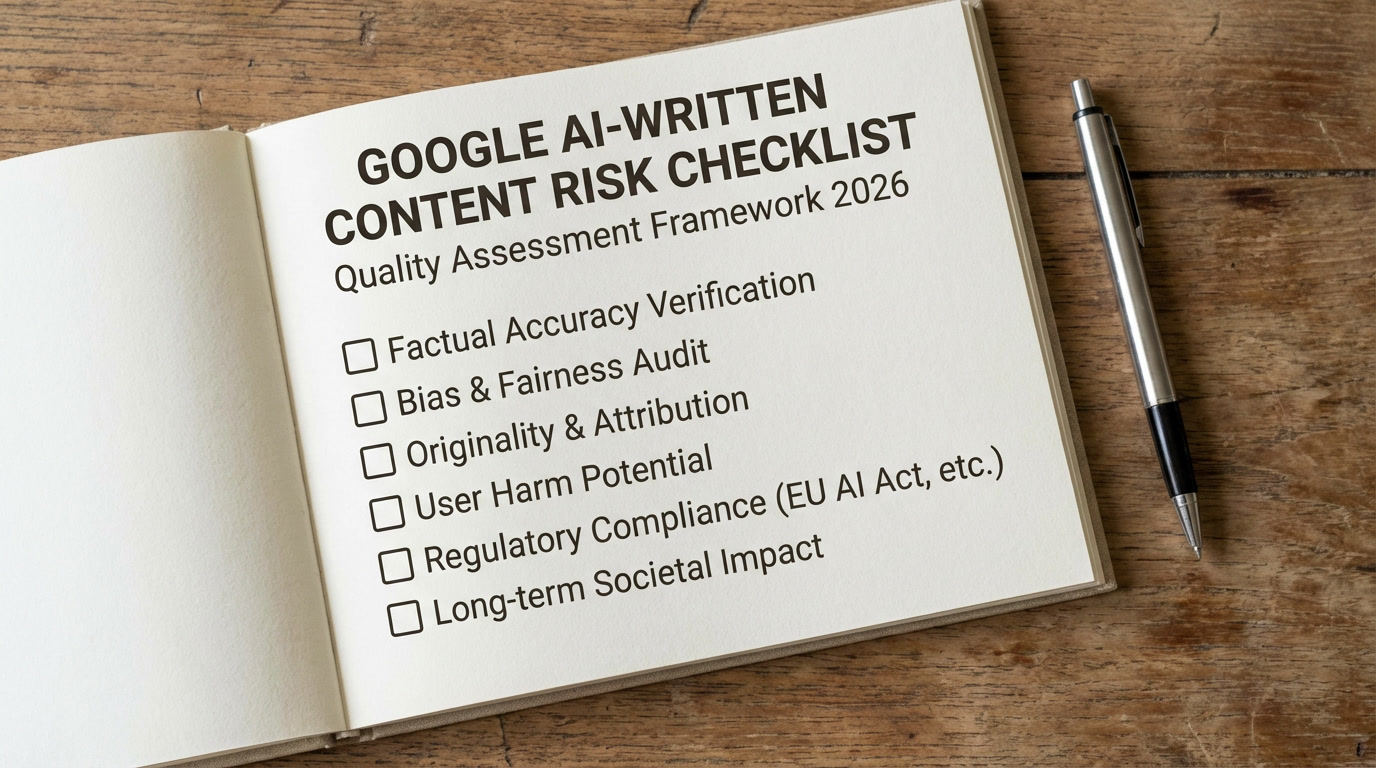 AI-written content Google risk checklist showing quality assessment framework for 2026