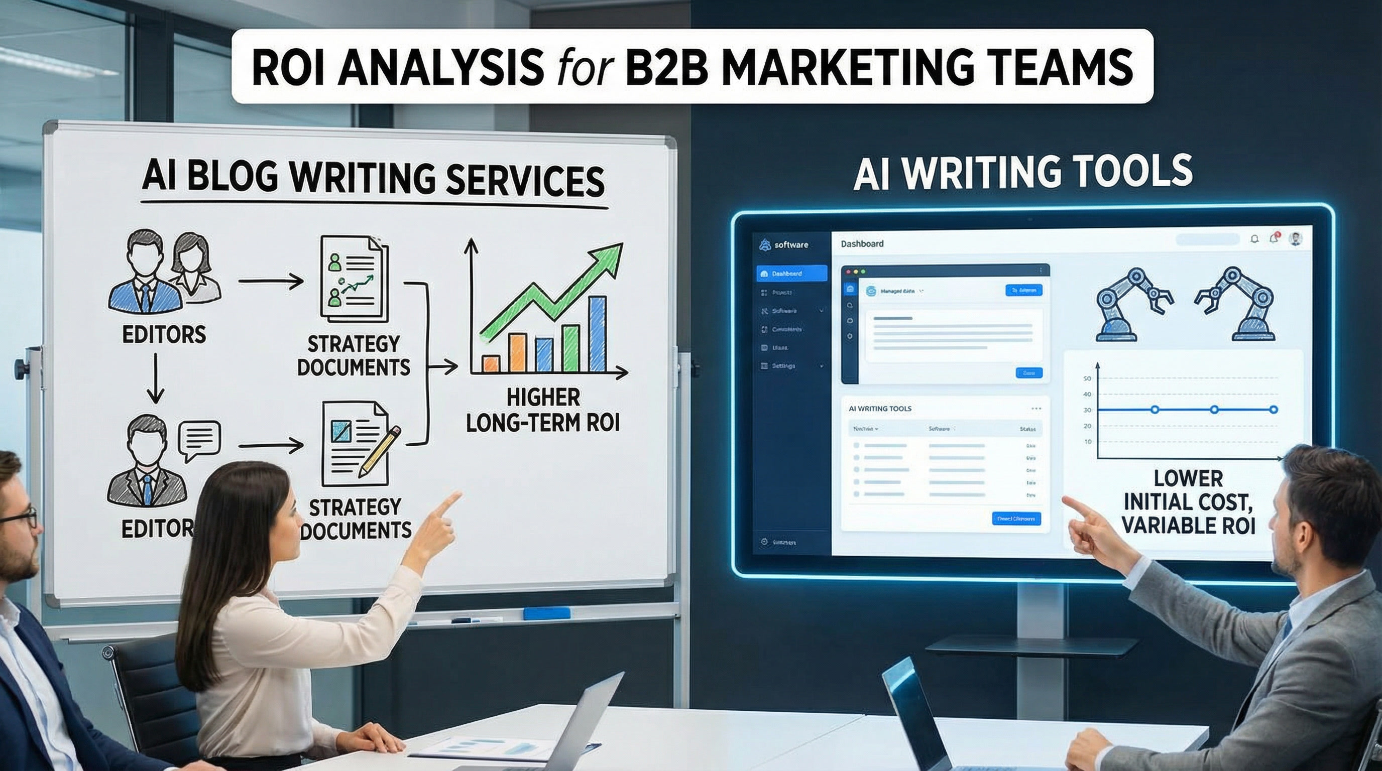 AI blog writing services vs AI writing tools comparison showing ROI analysis for B2B marketing teams