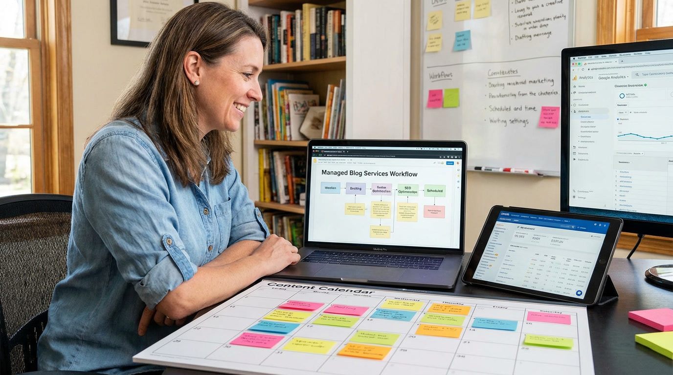 Business owner reviewing managed blog services workflow on laptop with content calendar and SEO tools