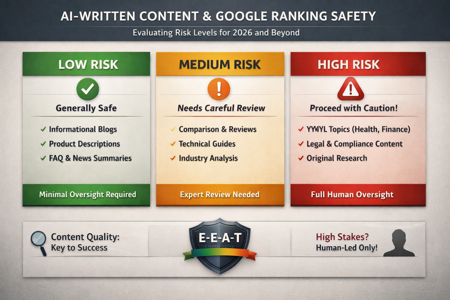 AI-Written Content Google Risk Levels Comparison Chart Chart comparing low, medium, and high risk levels for AI-written content and Google ranking safety