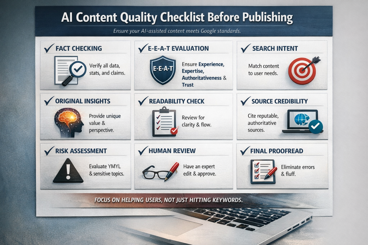 AI-Written Content Quality Checklist for Google Compliance Visual checklist showing verification steps for AI-written content before publishing to meet Google standards