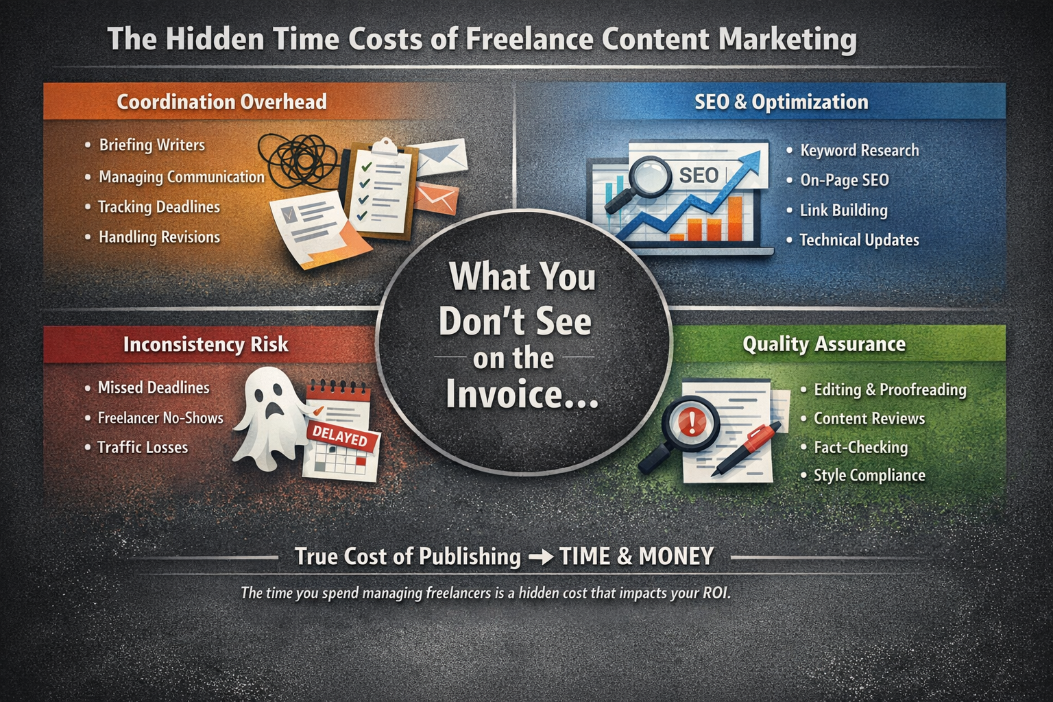 Freelancer coordination overhead chart showing hidden time costs that impact content marketing ROI calculations