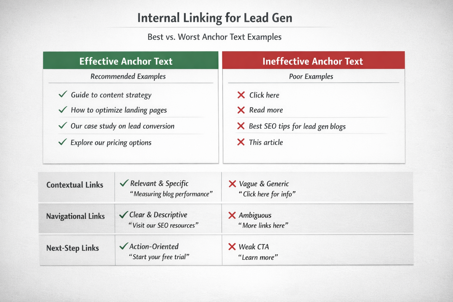 Internal Linking Anchor Text Examples: Good vs Bad Practices Comparison chart showing effective and ineffective anchor text examples for internal linking for lead gen