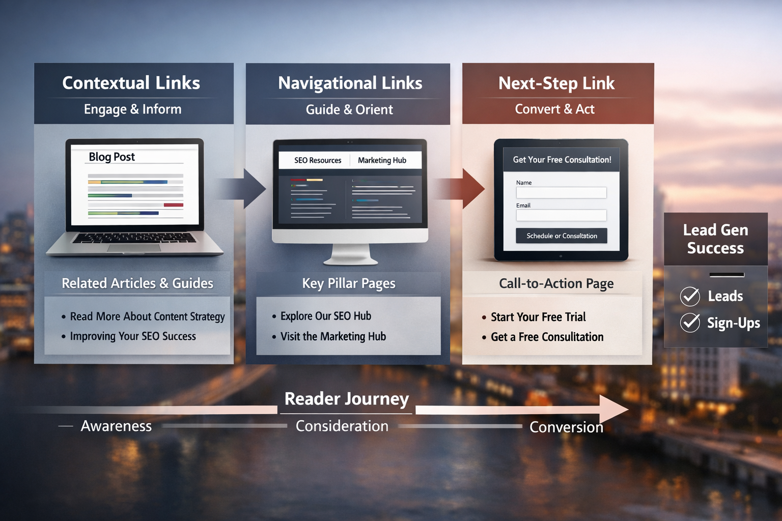 Internal Linking Creates Path from Content to Conversion Visual representation of reader journey through internal linking for lead gen from blog post to conversion page
