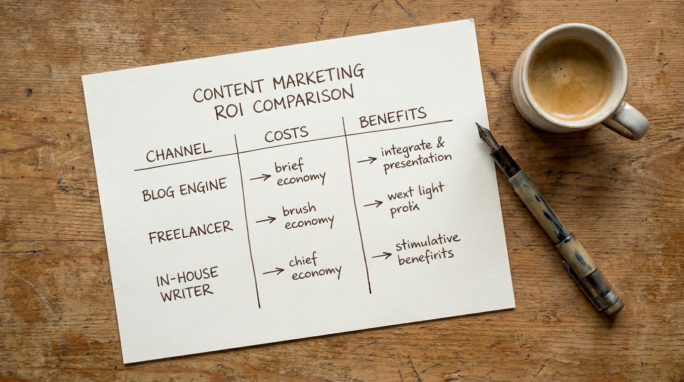 Content marketing ROI comparison chart showing blog engine, freelancer, and in-house writer costs and benefits