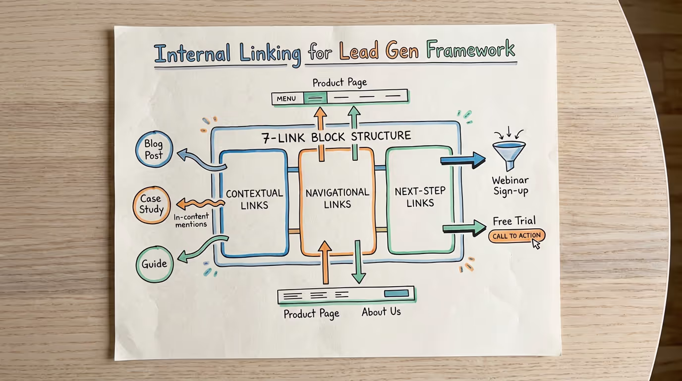 Internal linking for lead gen framework showing the 7-link block structure with contextual, navigational, and next-step links