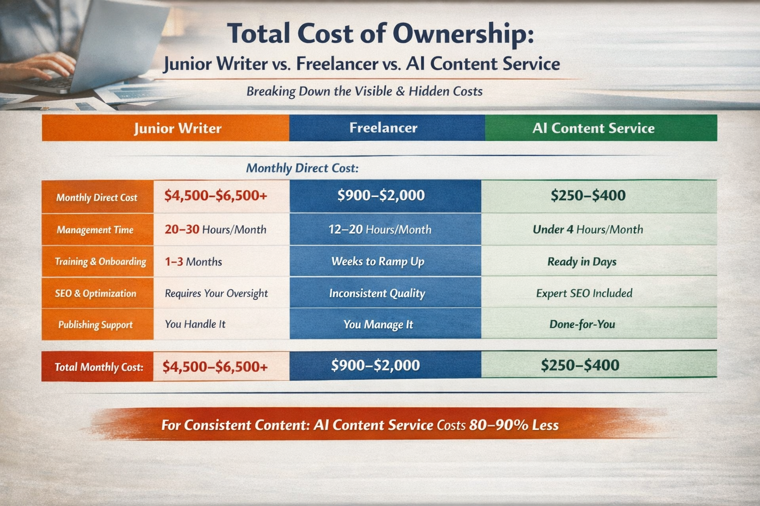 Detailed cost comparison chart showing AI content marketing service versus junior writer and freelancer total expenses