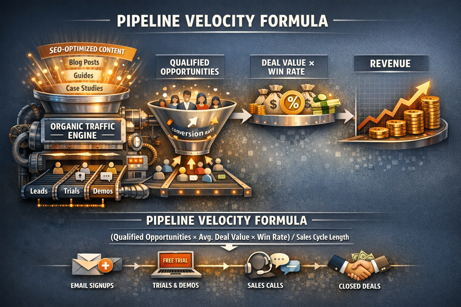 Visual representation of pipeline velocity formula showing how organic traffic engine converts to revenue for SaaS companies