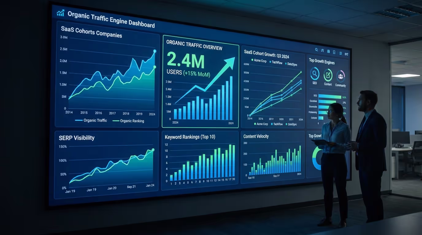 Digital dashboard showing growth charts and metrics for organic traffic engine for SaaS companies