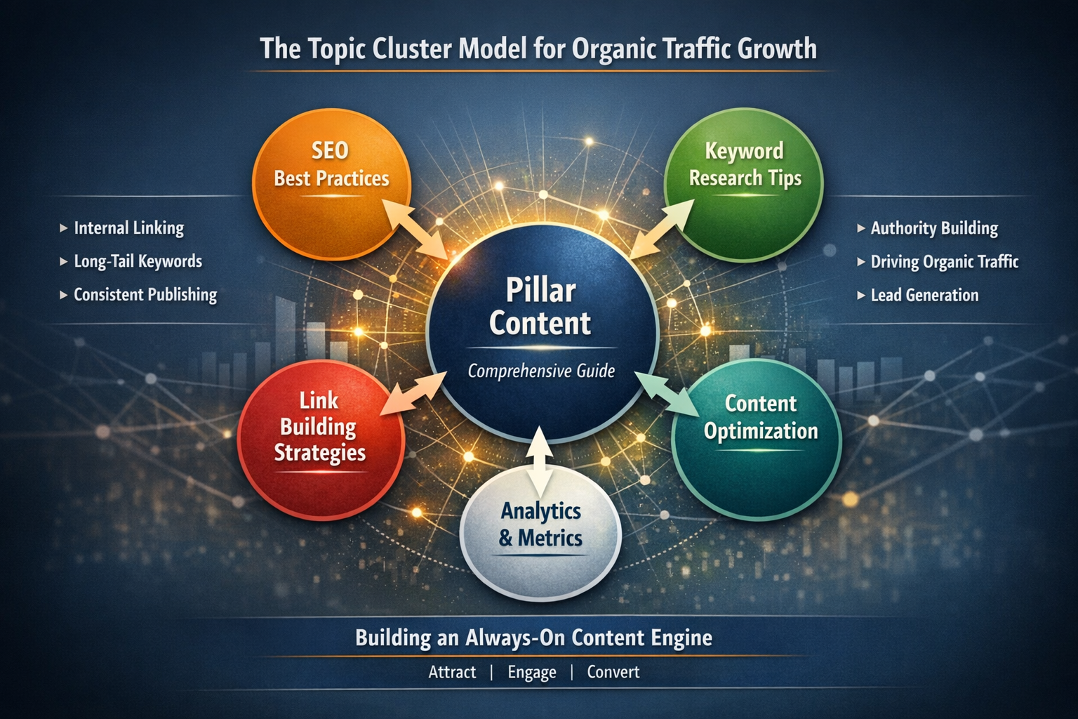 Visual diagram showing hub and spoke topic cluster model with pillar content and supporting articles for organic traffic engine building