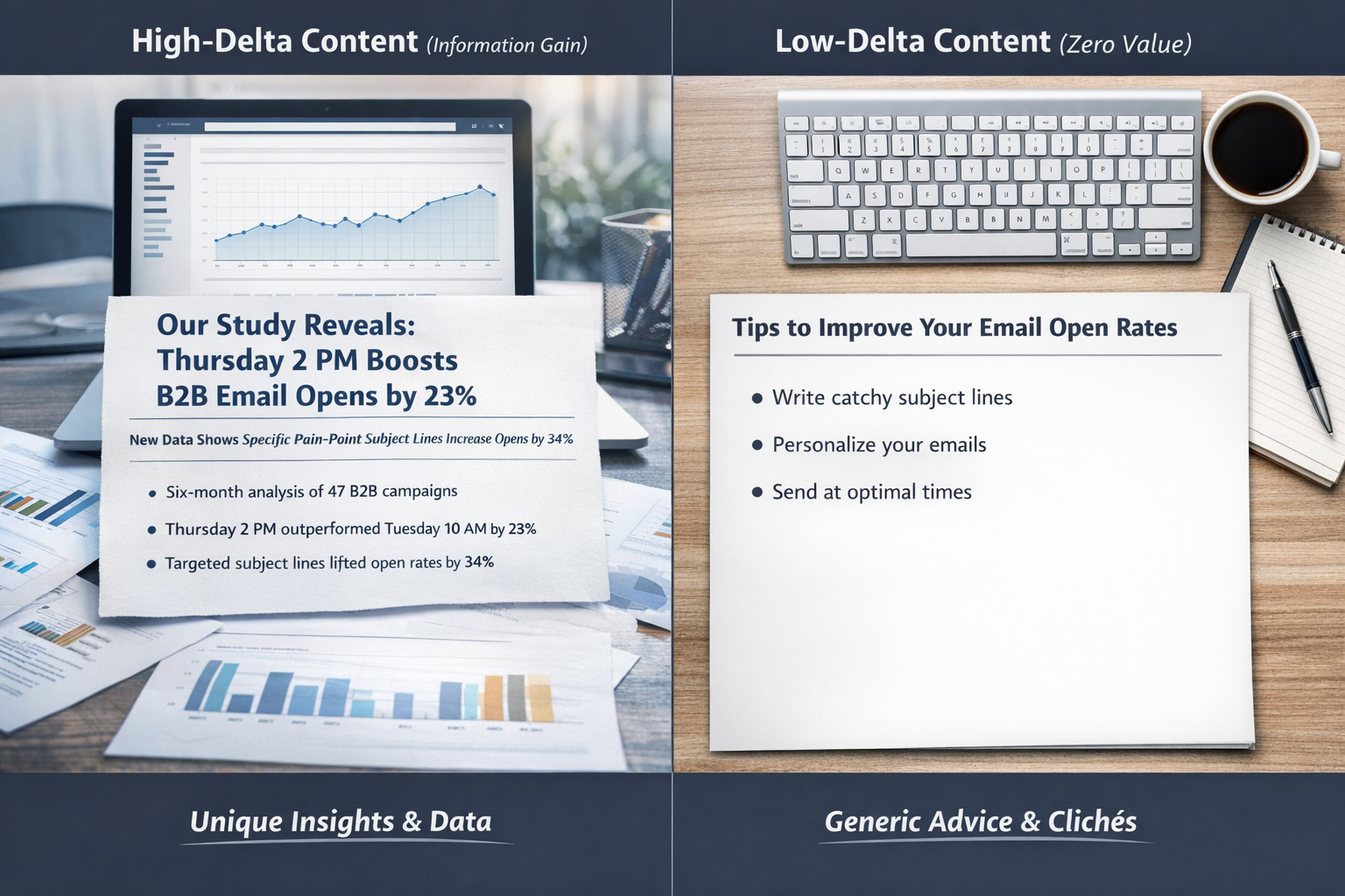 Side-by-side examples demonstrating high information gain content versus low-delta content with zero value