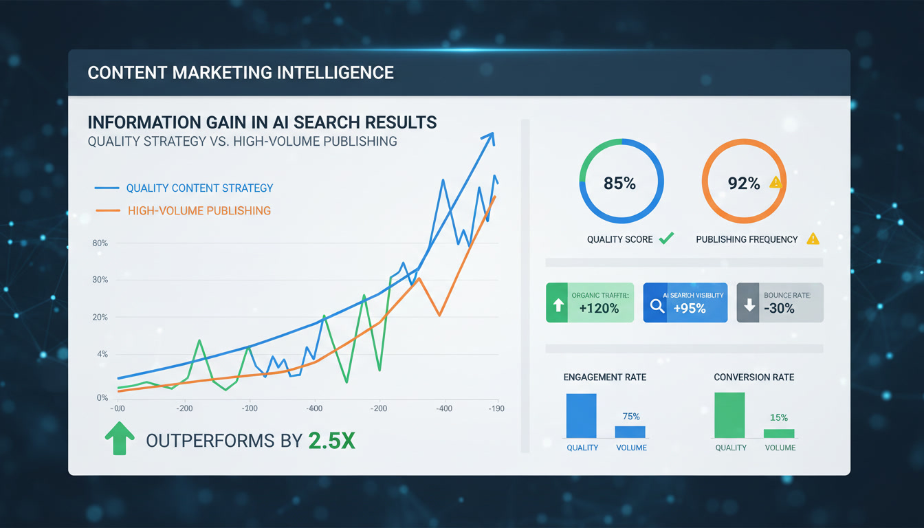 Information gain in content marketing showing quality content strategy outperforming high-volume publishing in AI search results