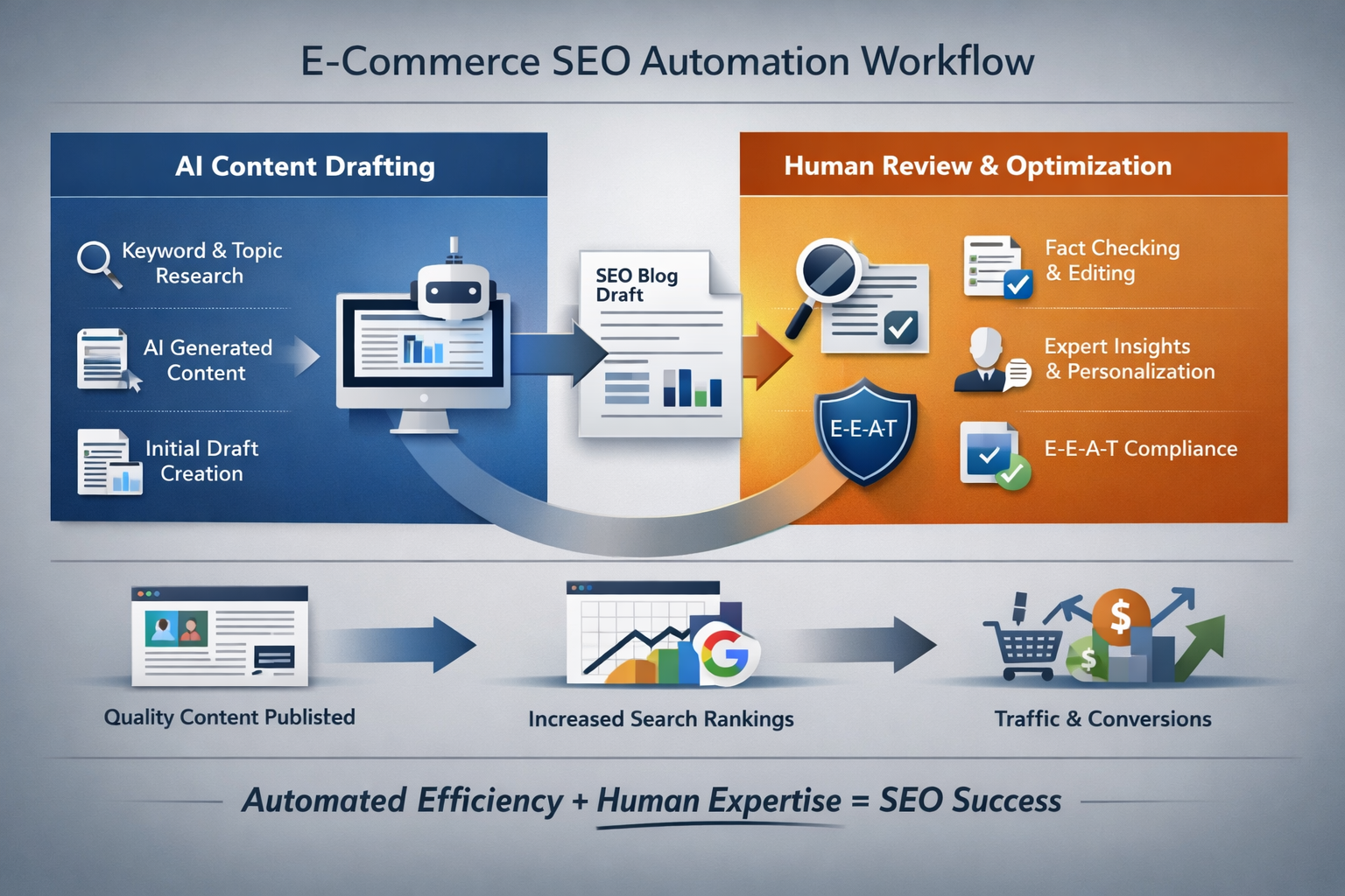 E-commerce SEO Automation Content Workflow Process E-commerce SEO automation workflow showing AI drafting and human review stages