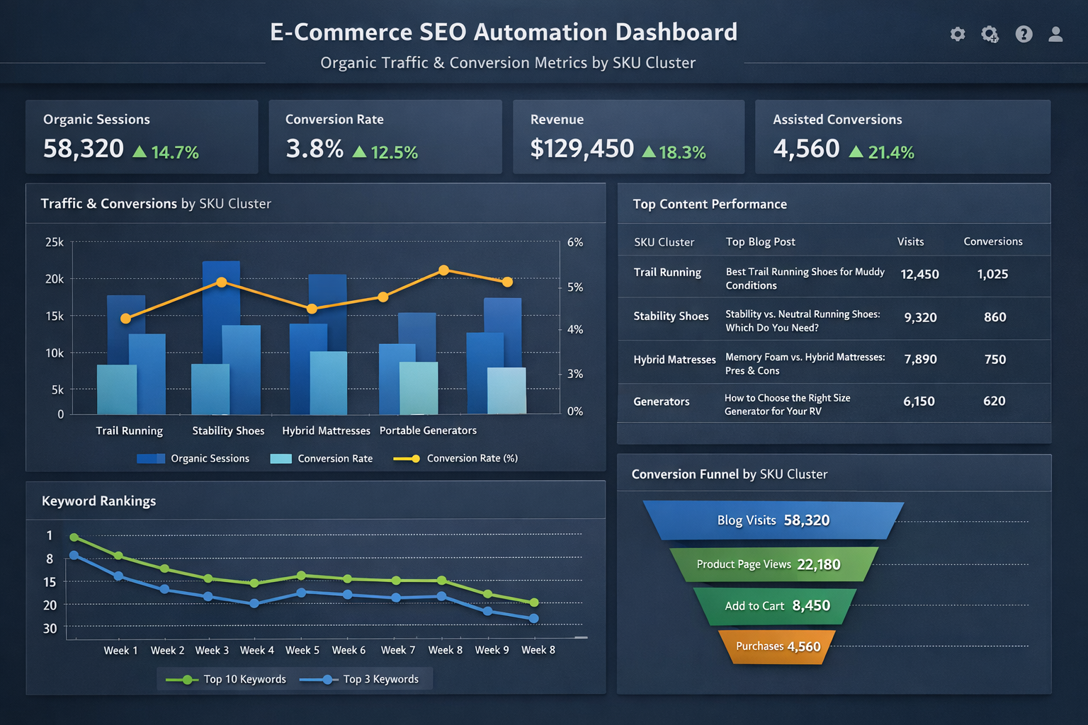 E-commerce SEO Performance Metrics Dashboard E-commerce SEO automation dashboard showing organic traffic and conversion metrics by SKU cluster
