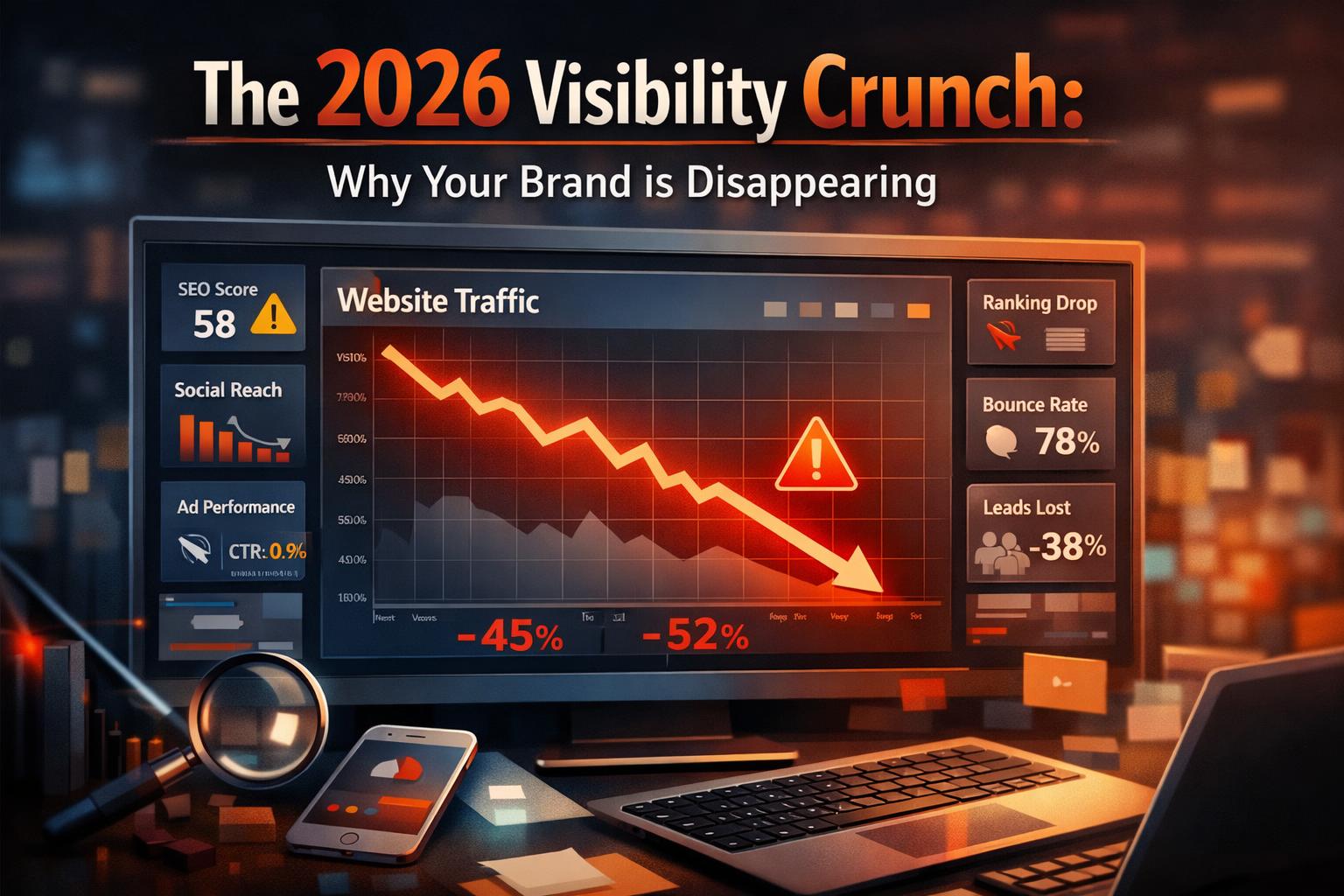 Digital marketing concept showing the visibility crunch with declining website traffic graphs and AI search interfaces