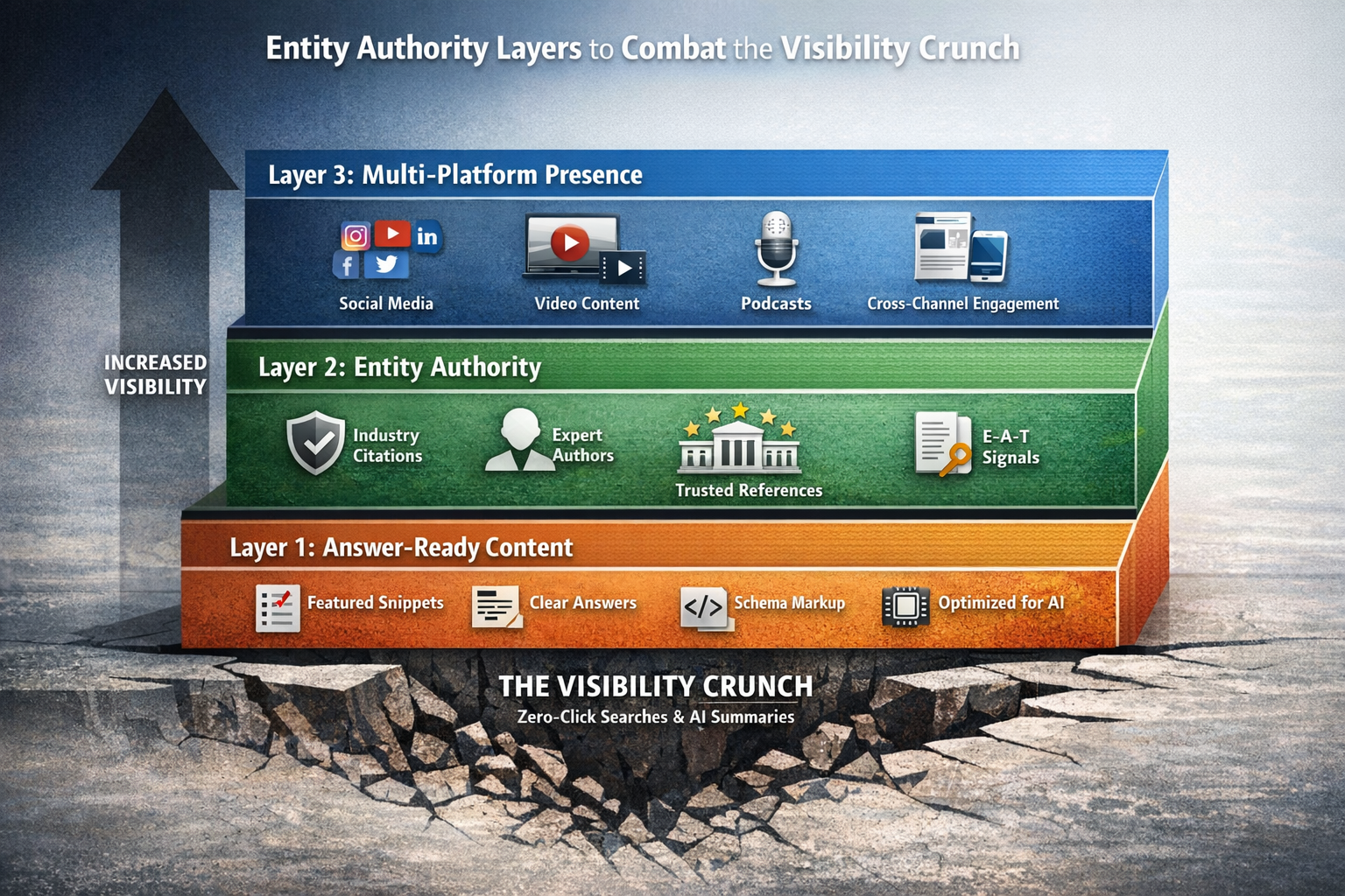 Diagram showing entity authority layers to combat the visibility crunch in search
